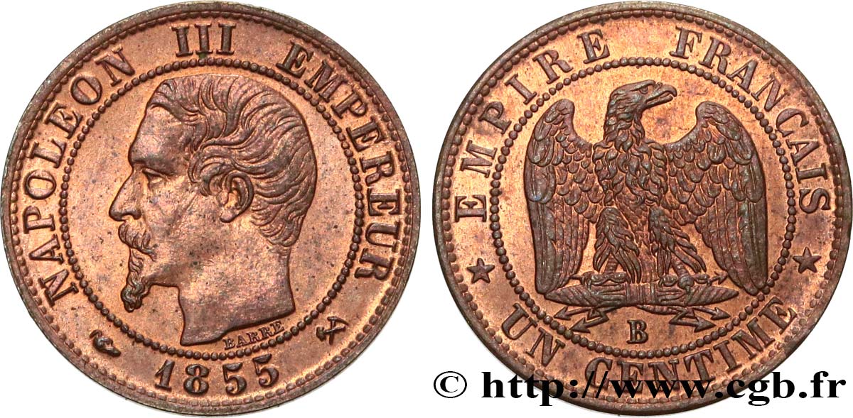 Un centime Napoléon III, tête nue 1855 Rouen F.102/17 EBC58 