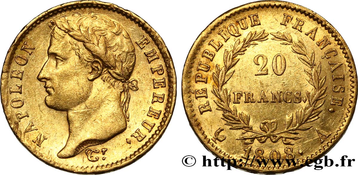 20 francs or Napoléon tête laurée, République française 1808 Paris F.515/2 AU58 