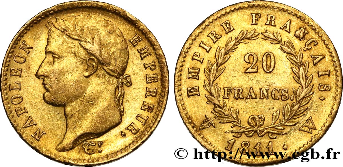 20 francs or Napoléon, tête laurée, Empire français 1811 Lille F.516/21 MBC50 