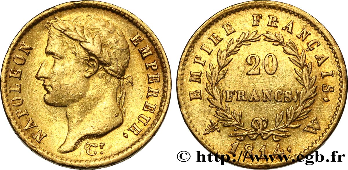 20 francs or Napoléon tête laurée, Empire français 1814 Lille F.516/42 AU50 