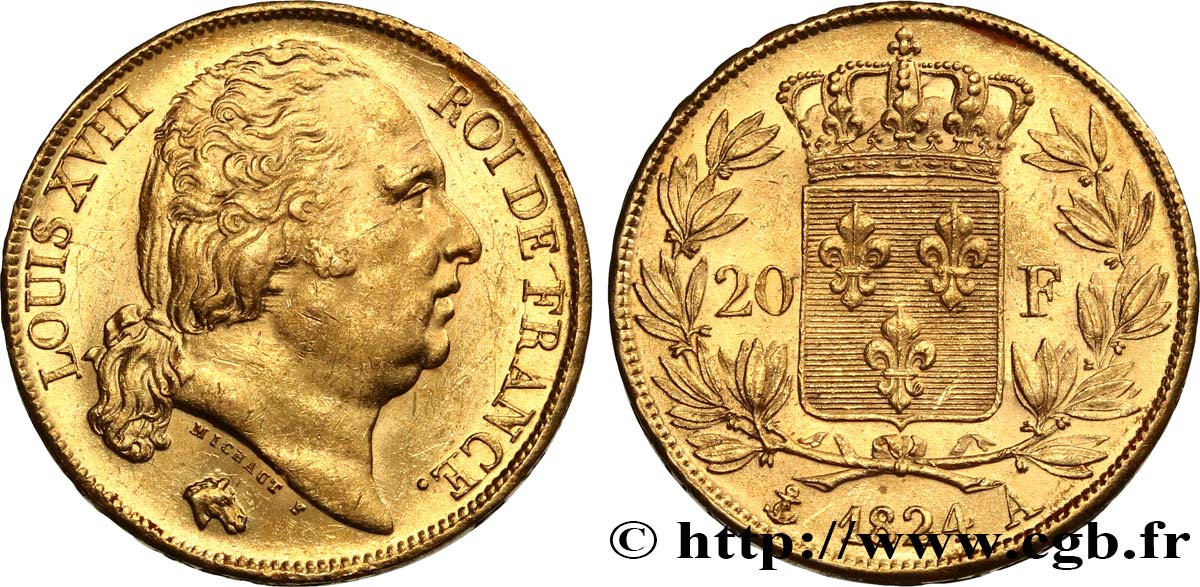 20 francs or Louis XVIII, tête nue 1824 Paris F.519/31 SUP62 