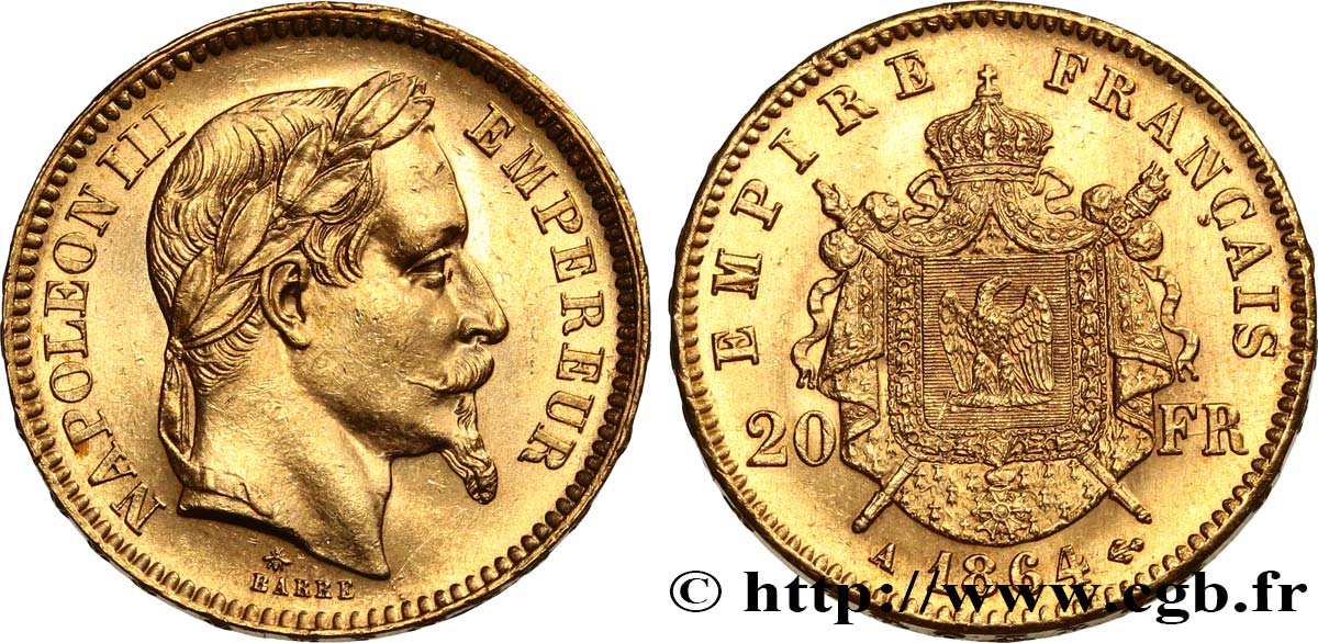 20 francs or Napoléon III, tête laurée 1864 Paris F.532/8 SPL63 