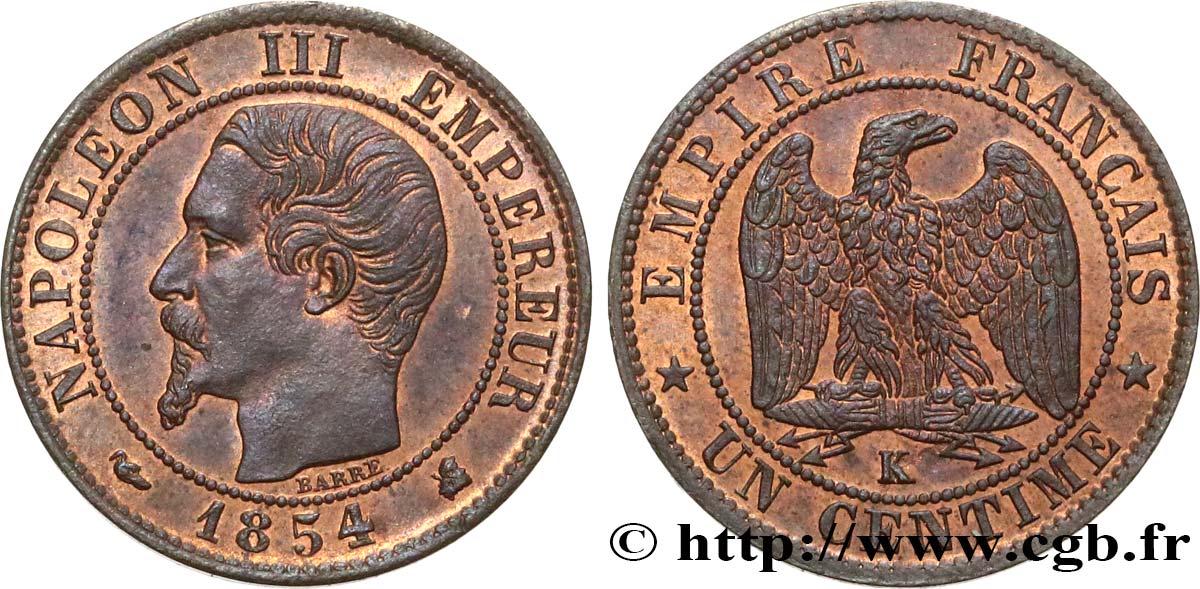 Un centime Napoléon III, tête nue 1854 Bordeaux F.102/13 AU54 
