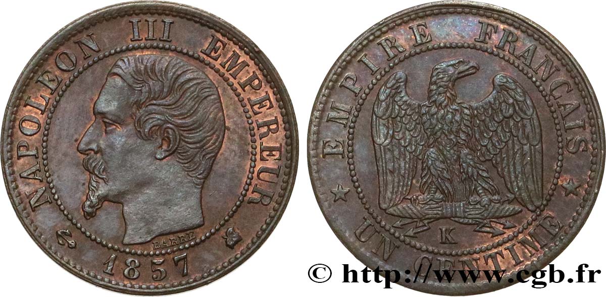 Un centime Napoléon III, tête nue 1857 Bordeaux F.102/36 EBC55 