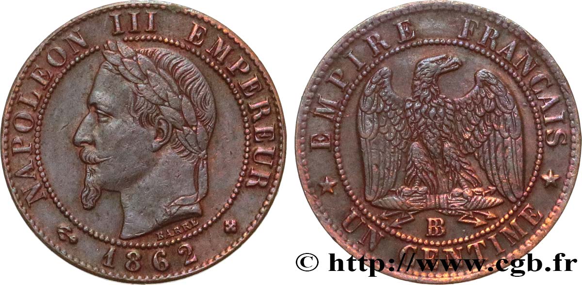 Un centime Napoléon III, tête laurée, grand BB 1862 Strasbourg F.103/6 AU50 