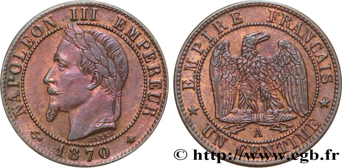 Un centime Napoléon III, tête laurée 1870 Paris F.103/8 MBC50 