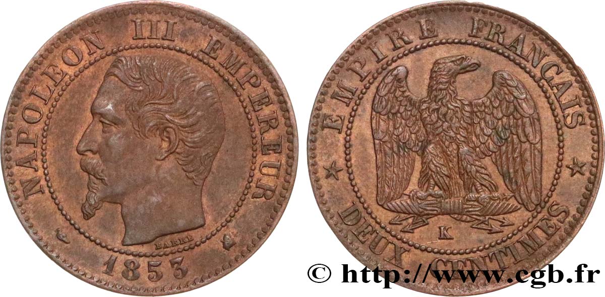 Deux centimes Napoléon III, tête nue 1853 Bordeaux F.107/6 MBC52 
