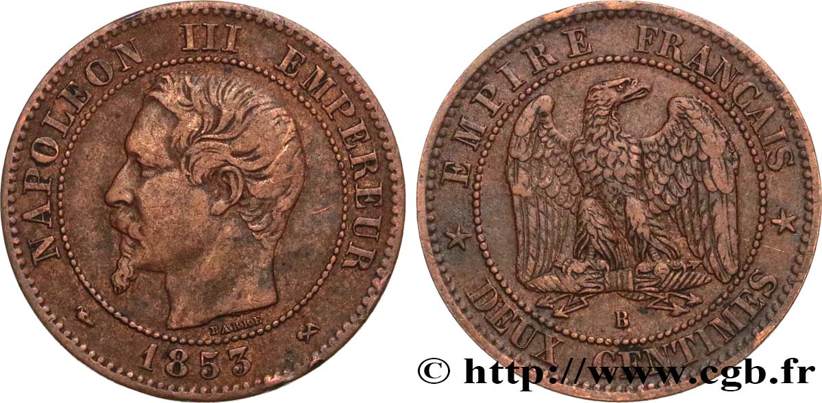 Deux centimes Napoléon III, tête nue 1853 Rouen F.107/2 MBC40 