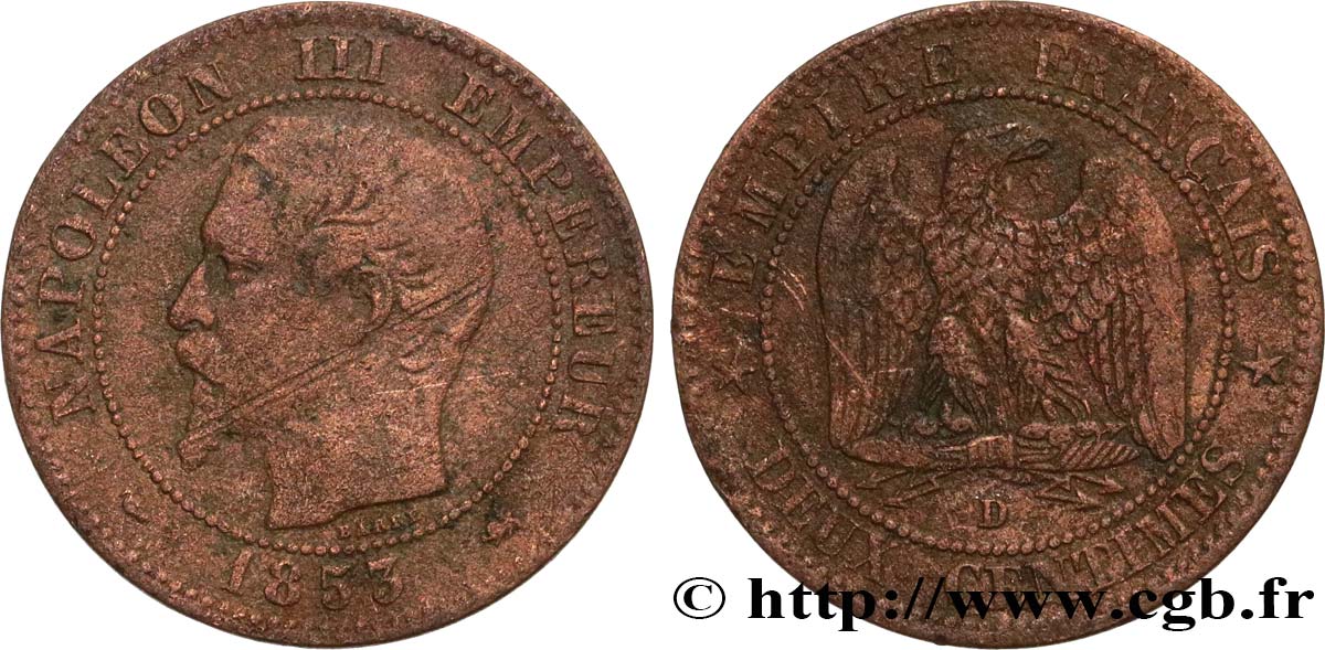 Deux centimes Napoléon III, tête nue 1853 Lyon F.107/5 BC18 
