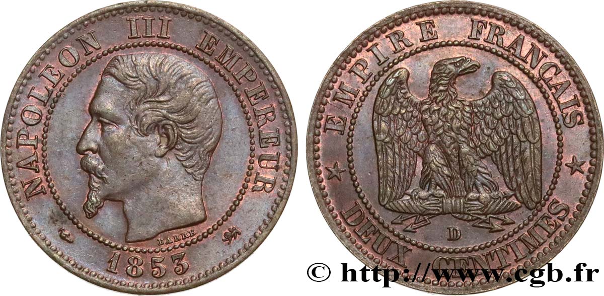 Deux centimes Napoléon III, tête nue 1853 Lyon F.107/5 TTB52 