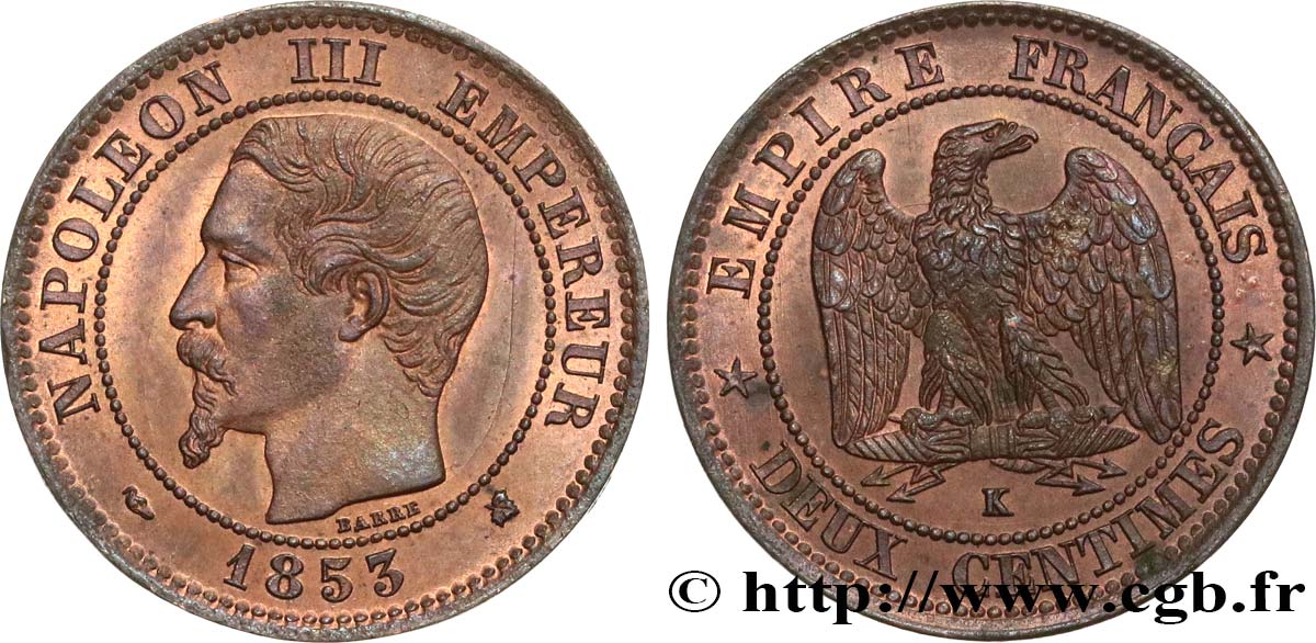 Deux centimes Napoléon III, tête nue 1853 Bordeaux F.107/6 VZ60 