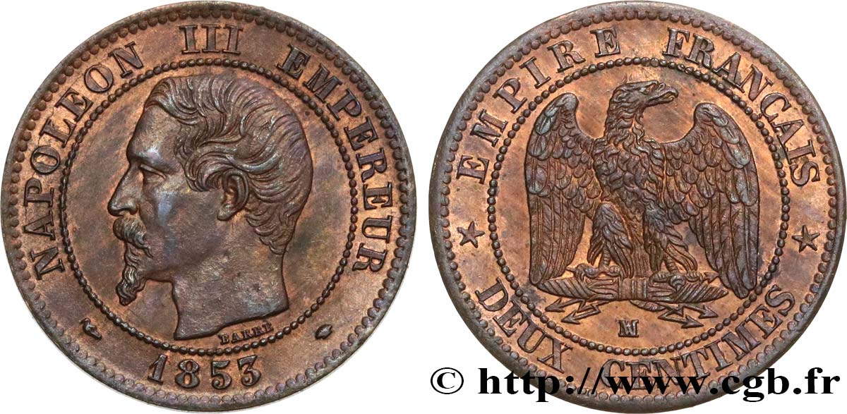Deux centimes Napoléon III, tête nue 1853 Marseille F.107/7 BB54 