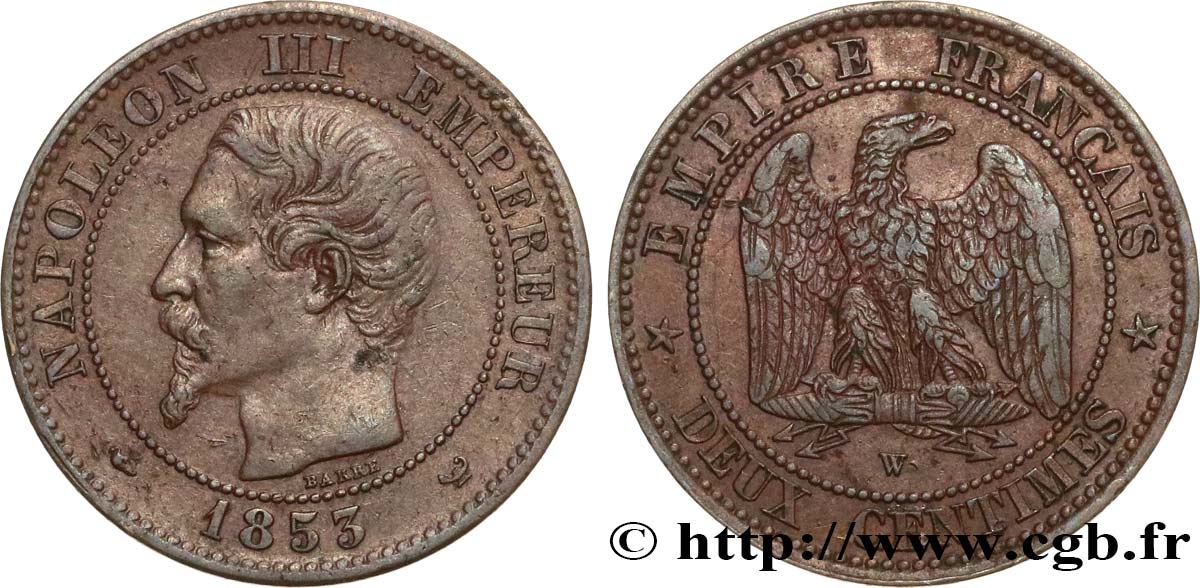 Deux centimes Napoléon III, tête nue 1853 Lille F.107/8 MBC45 