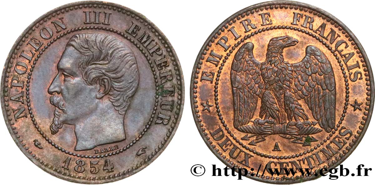Deux centimes Napoléon III, tête nue 1854 Paris F.107/9 EBC58 