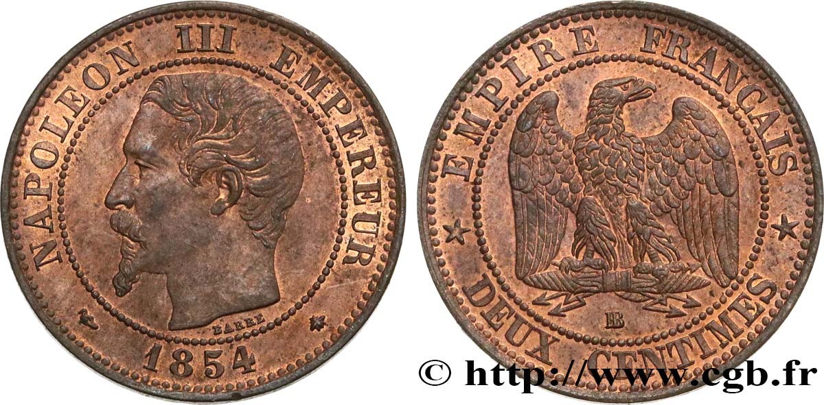 Deux centimes Napoléon III, tête nue 1854 Strasbourg F.107/11 SUP58 