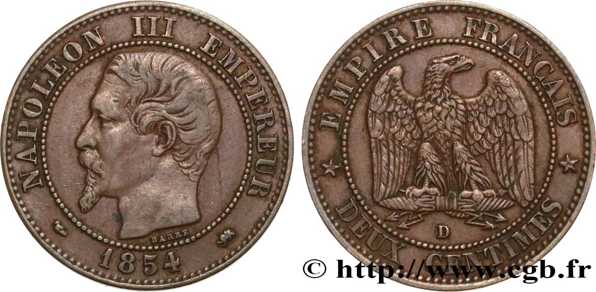 Deux centimes Napoléon III, tête nue 1854 Lyon F.107/15 BB48 