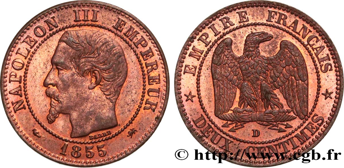 Deux centimes Napoléon III, tête nue 1855 Lyon F.107/30 EBC55 
