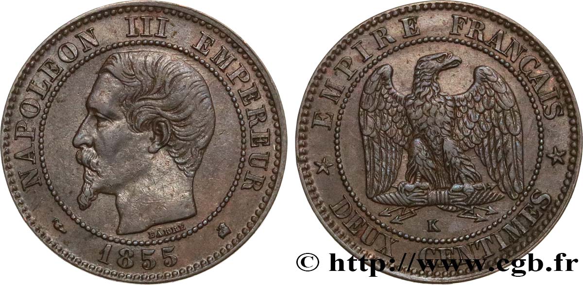 Deux centimes Napoléon III, tête nue 1855 Bordeaux F.107/33 AU52 