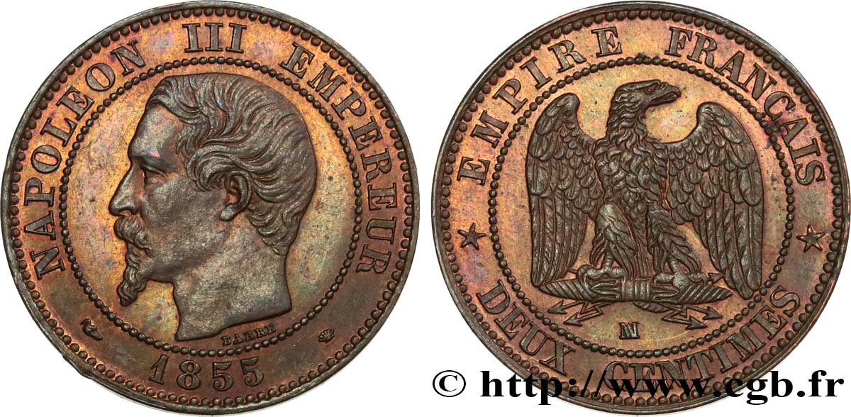 Deux centimes Napoléon III, tête nue 1855 Marseille F.107/35 BB54 