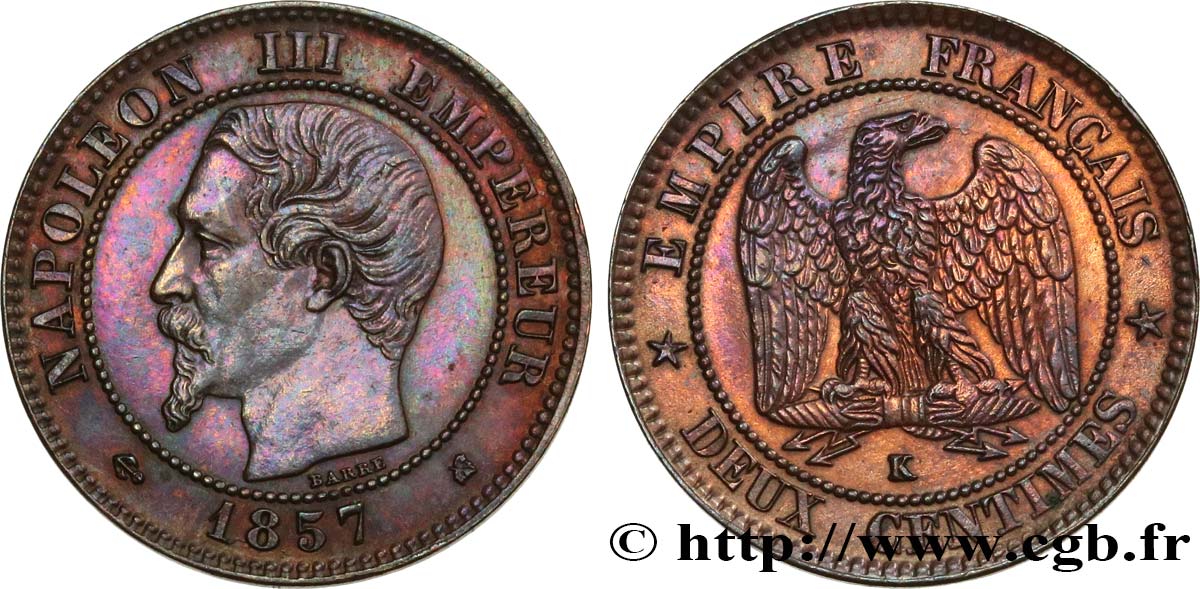 Deux centimes Napoléon III, tête nue 1857 Bordeaux F.107/49 AU50 