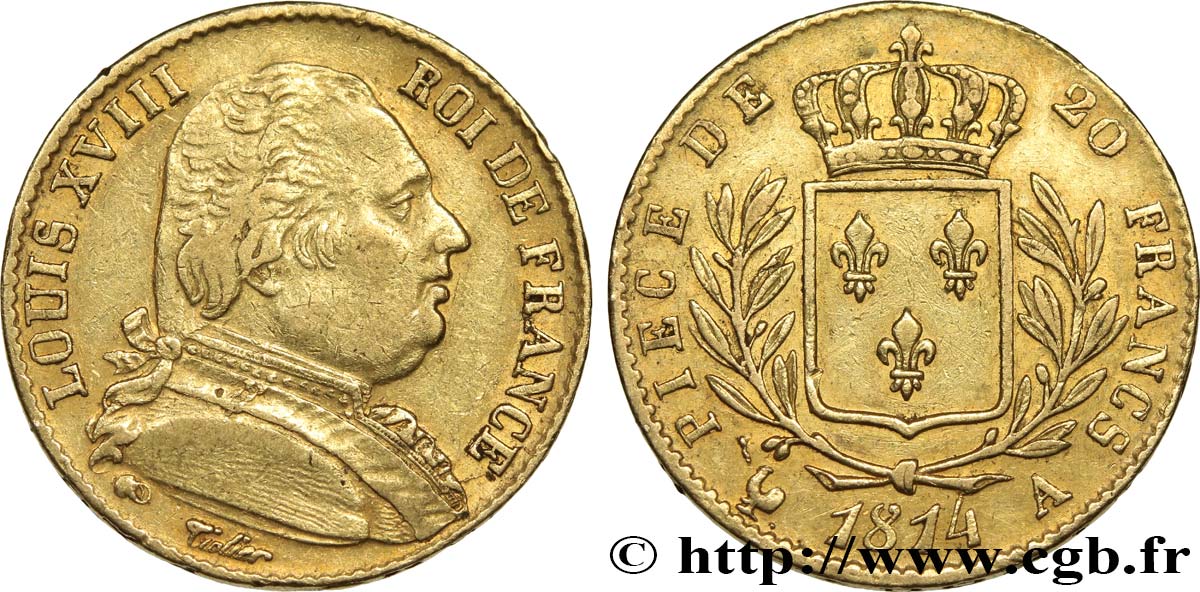20 francs or Louis XVIII, buste habillé 1814 Paris F.517/1 XF42 