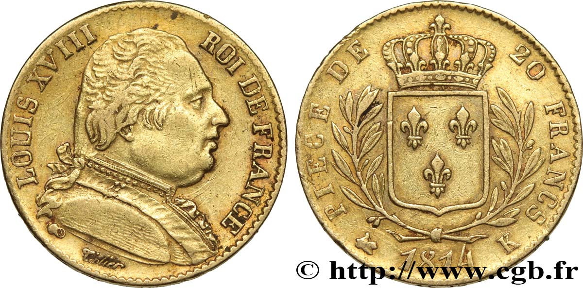 20 francs or Louis XVIII, buste habillé 1814 Bordeaux F.517/3 SS 