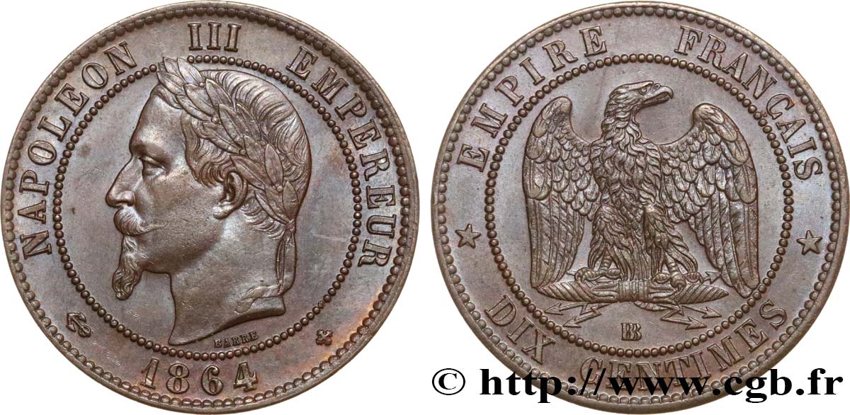 Dix centimes Napoléon III, tête laurée 1864 Strasbourg F.134/14 TTB54 