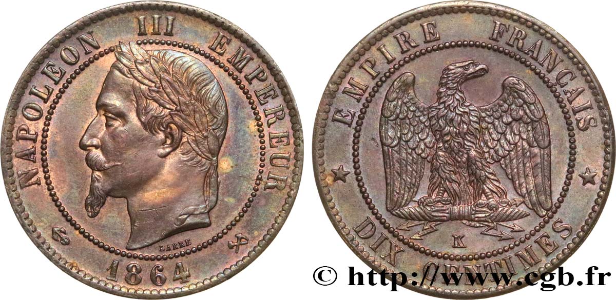 Dix centimes Napoléon III, tête laurée 1864 Bordeaux F.134/15 SUP55 