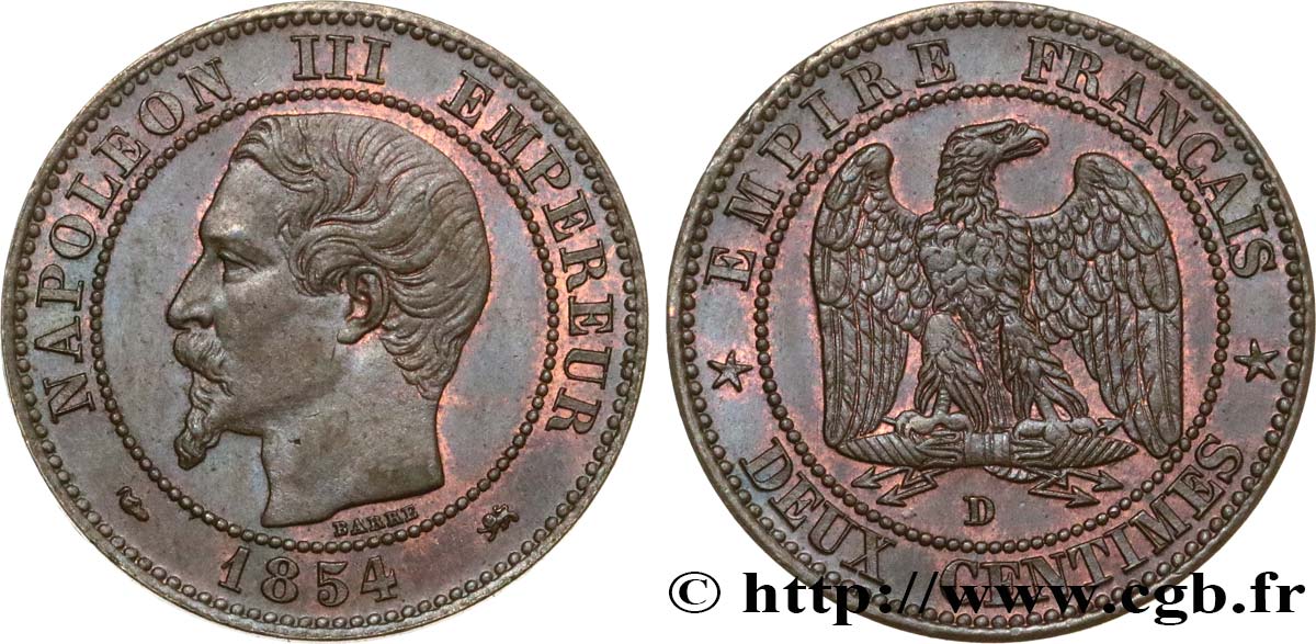 Deux centimes Napoléon III, tête nue 1854 Lyon F.107/15 SPL58 