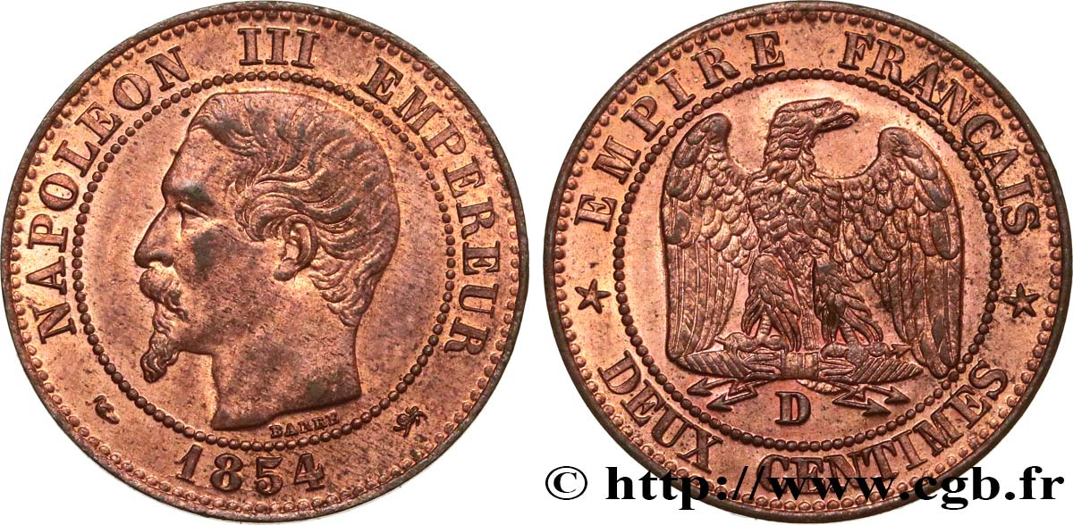 Deux centimes Napoléon III, tête nue 1854 Lyon F.107/13 MBC54 