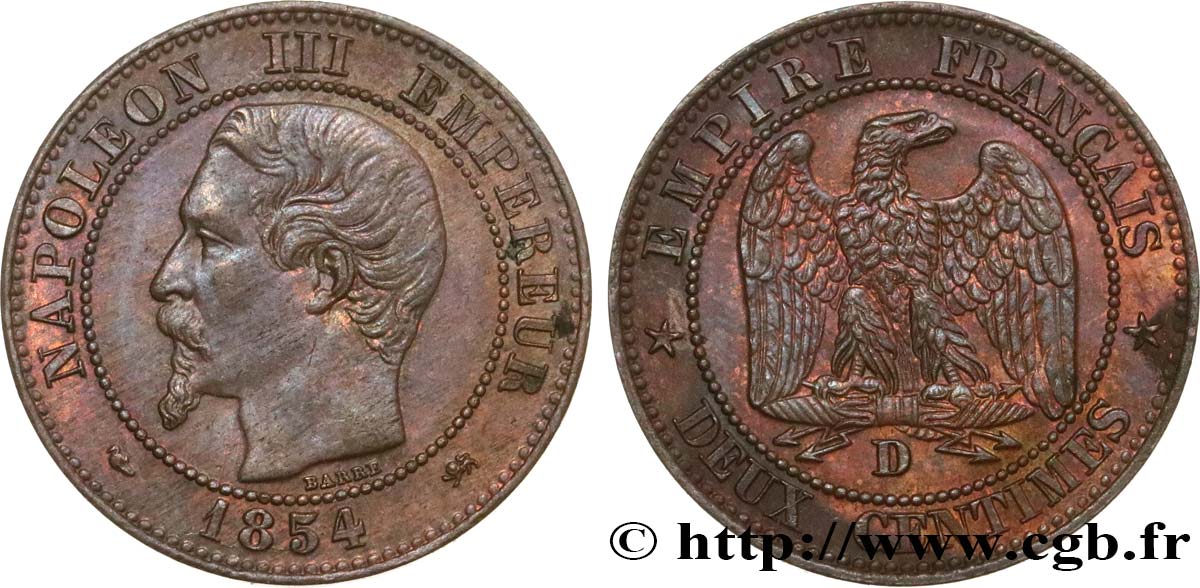 Deux centimes Napoléon III, tête nue 1854 Lyon F.107/13 AU54 