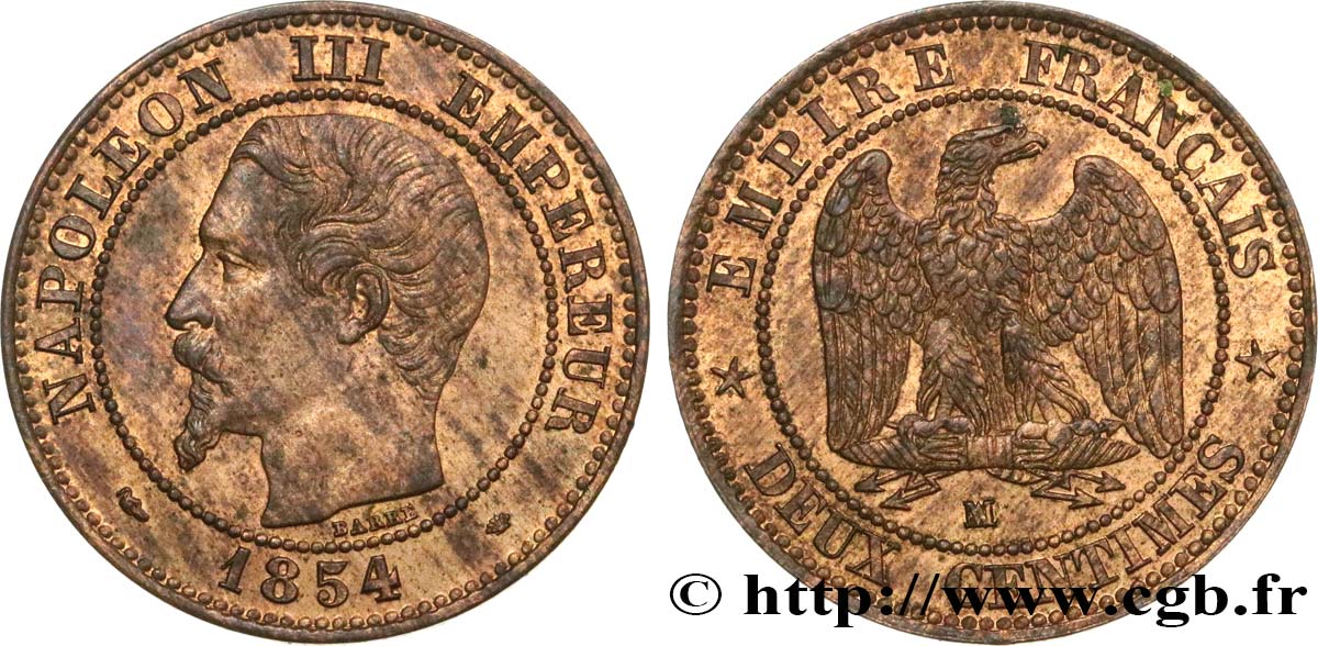 Deux centimes Napoléon III, tête nue 1854 Marseille F.107/17 BB52 