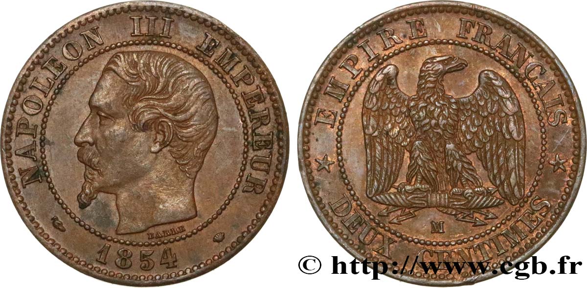 Deux centimes Napoléon III, tête nue 1854 Marseille F.107/17 BB52 