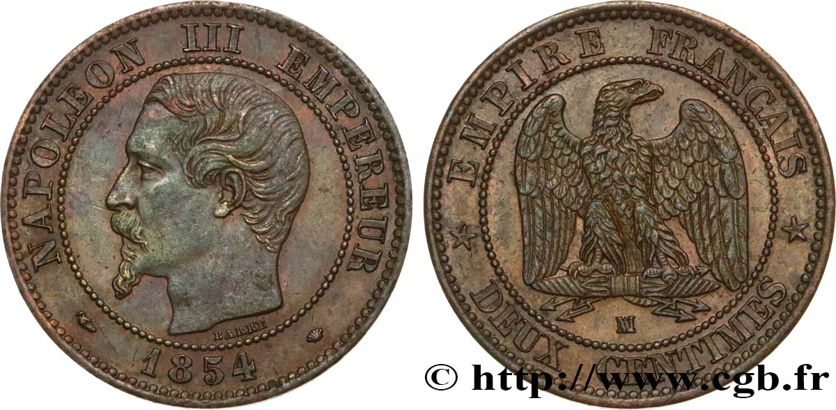 Deux centimes Napoléon III, tête nue 1854 Marseille F.107/17 AU52 