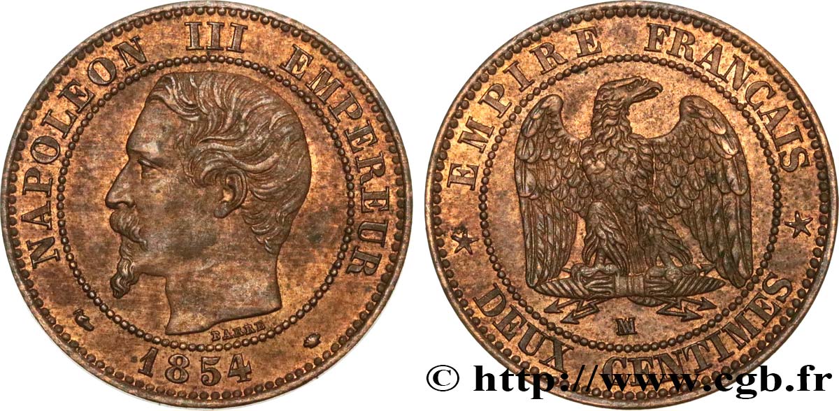 Deux centimes Napoléon III, tête nue 1854 Marseille F.107/17 MBC52 