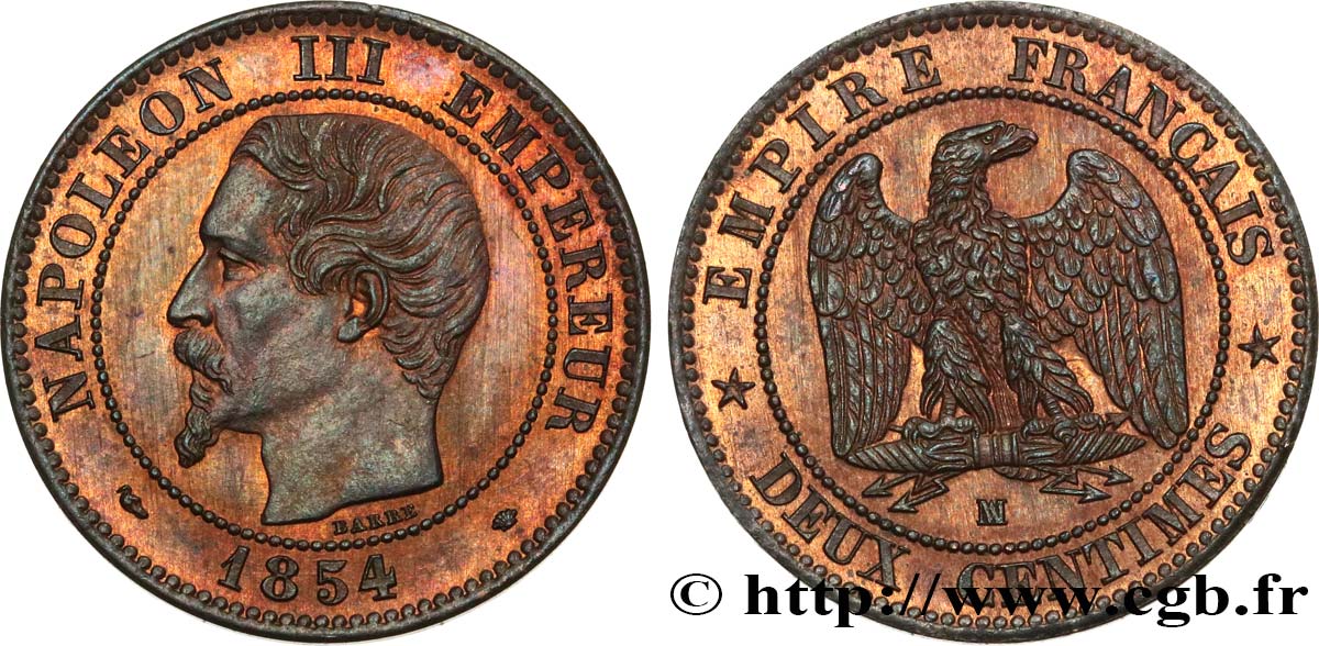 Deux centimes Napoléon III, tête nue 1854 Marseille F.107/17 VZ62 