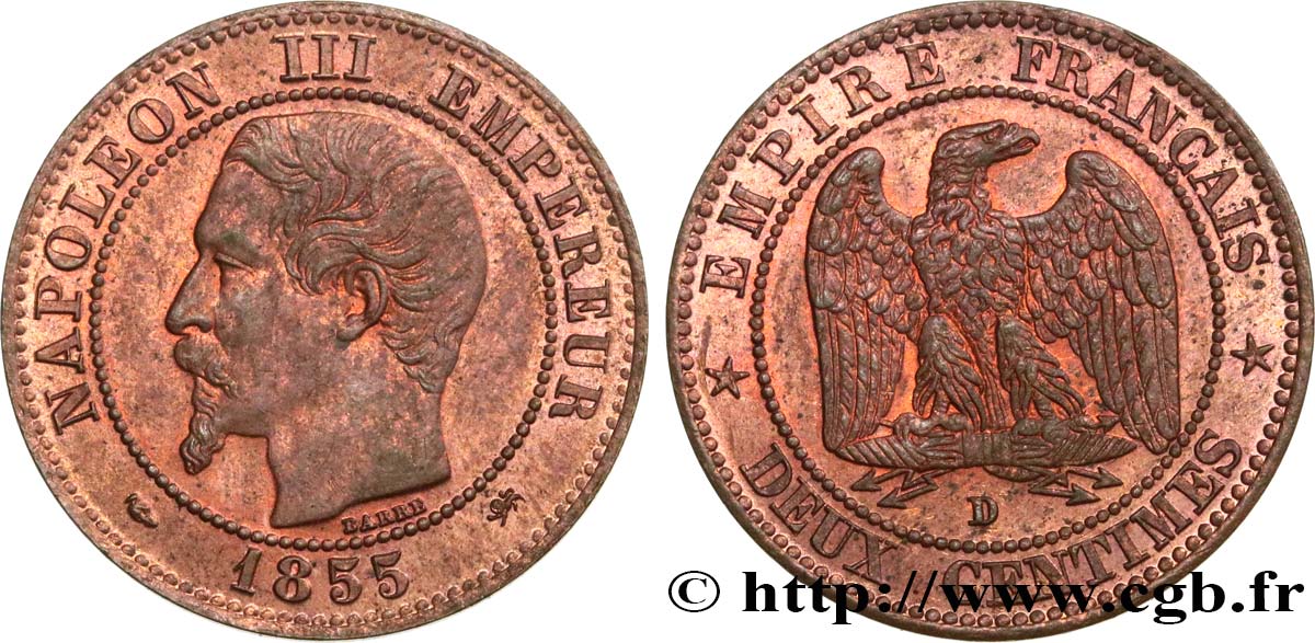 Deux centimes Napoléon III, tête nue 1855 Lyon F.107/30 VZ55 