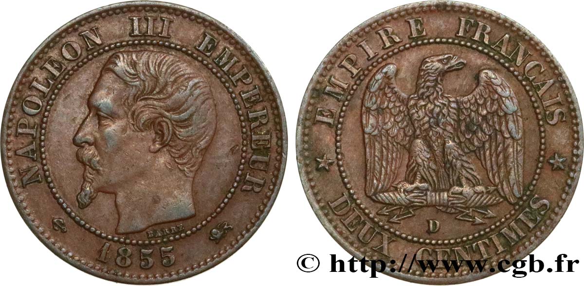 Deux centimes Napoléon III, tête nue 1855 Lyon F.107/31 BB 