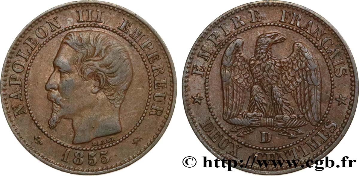Deux centimes Napoléon III, tête nue 1855 Lyon F.107/28 SS48 