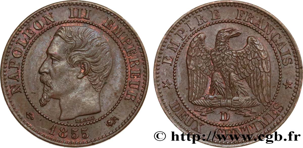 Deux centimes Napoléon III, tête nue, différent ancre, grand D et grand lion 1855 Lyon F.107/27 SUP55 