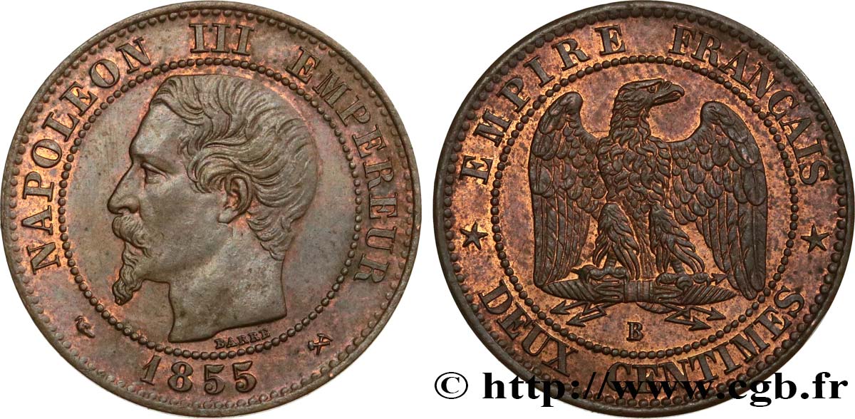 Deux centimes Napoléon III, tête nue 1855 Rouen F.107/21 AU55 