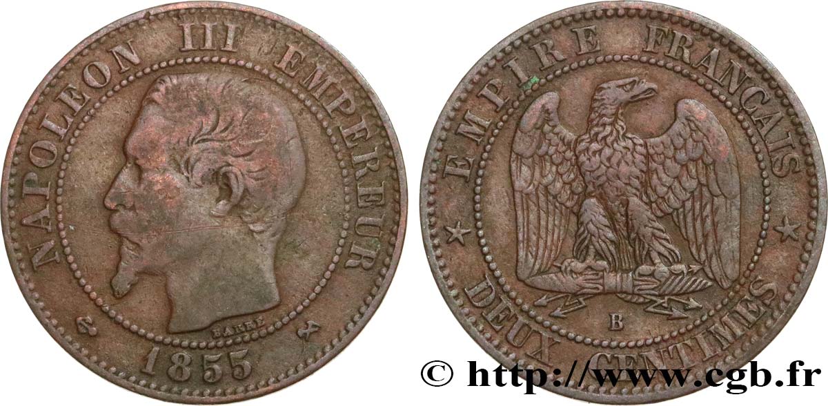 Deux centimes Napoléon III, tête nue, différent ancre 1855 Rouen F.107/22 BC35 