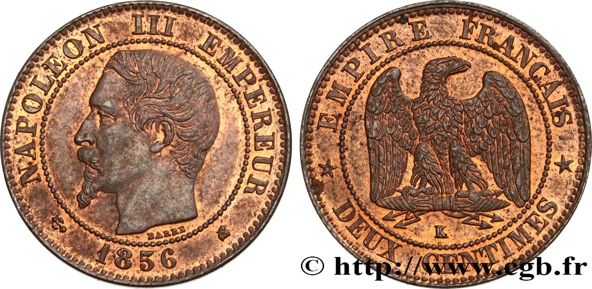 Deux centimes Napoléon III, tête nue 1856 Strasbourg F.107/40 SPL55 