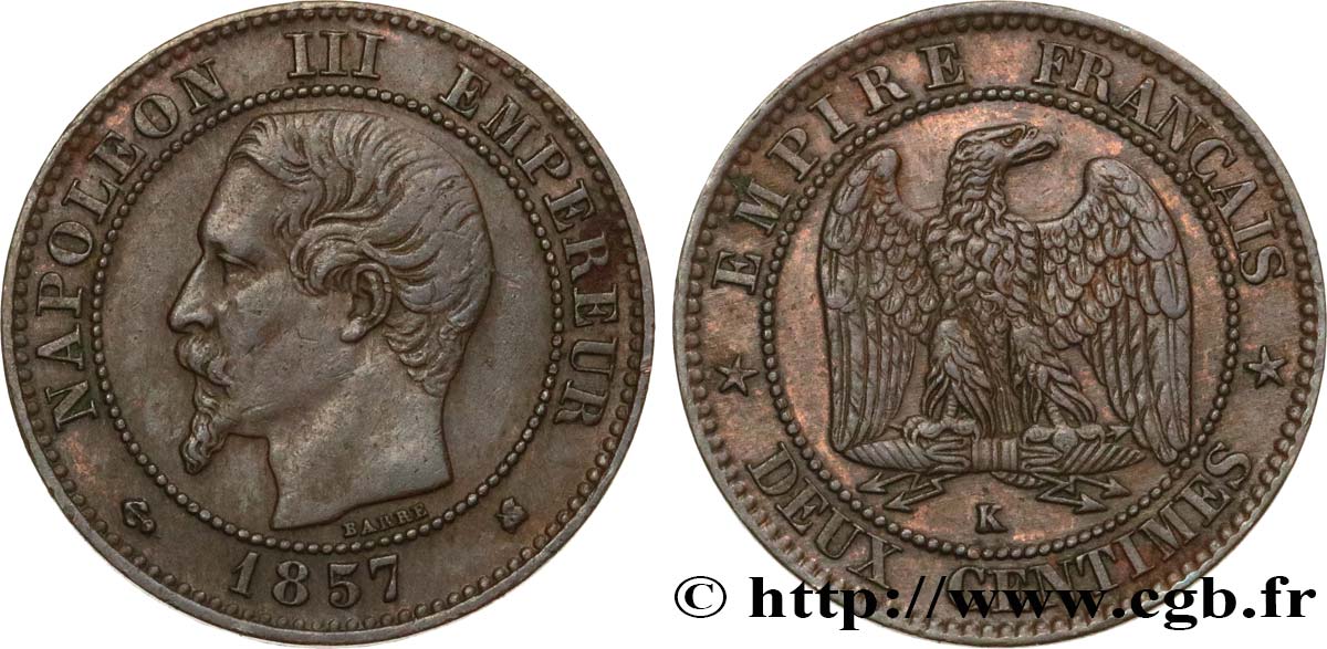 Deux centimes Napoléon III, tête nue 1857 Bordeaux F.107/49 BB45 