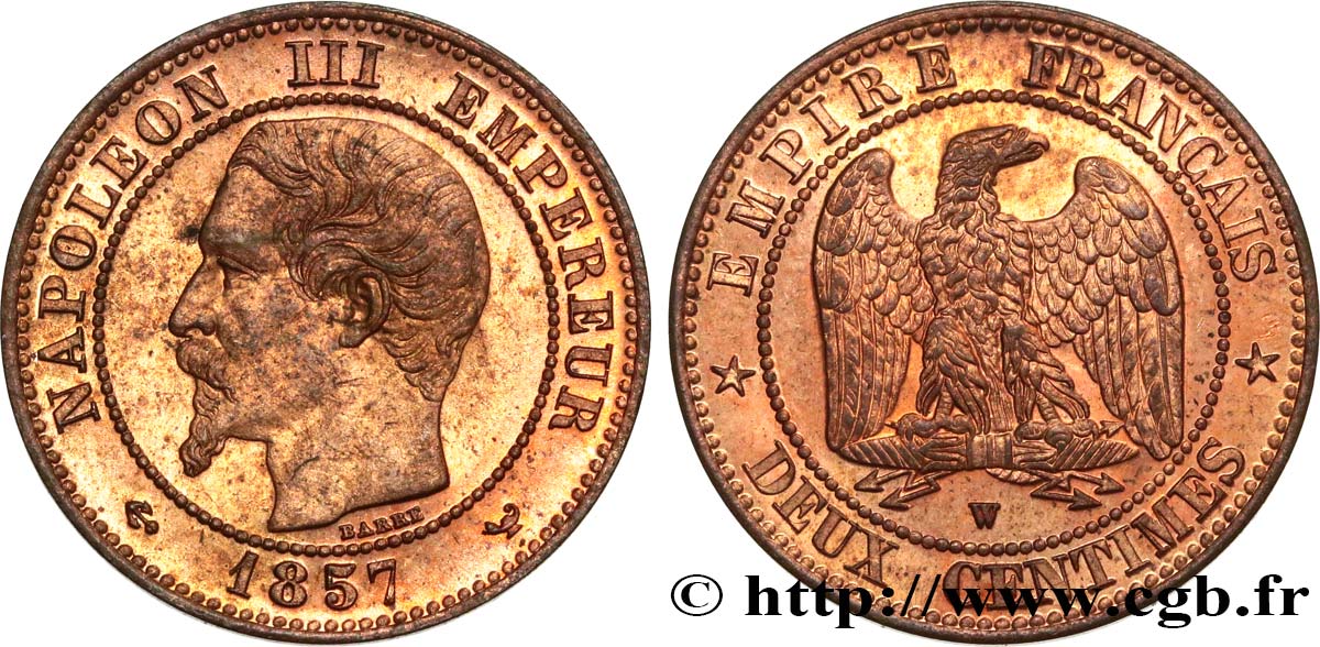 Deux centimes Napoléon III, tête nue 1857 Lille F.107/51 AU58 