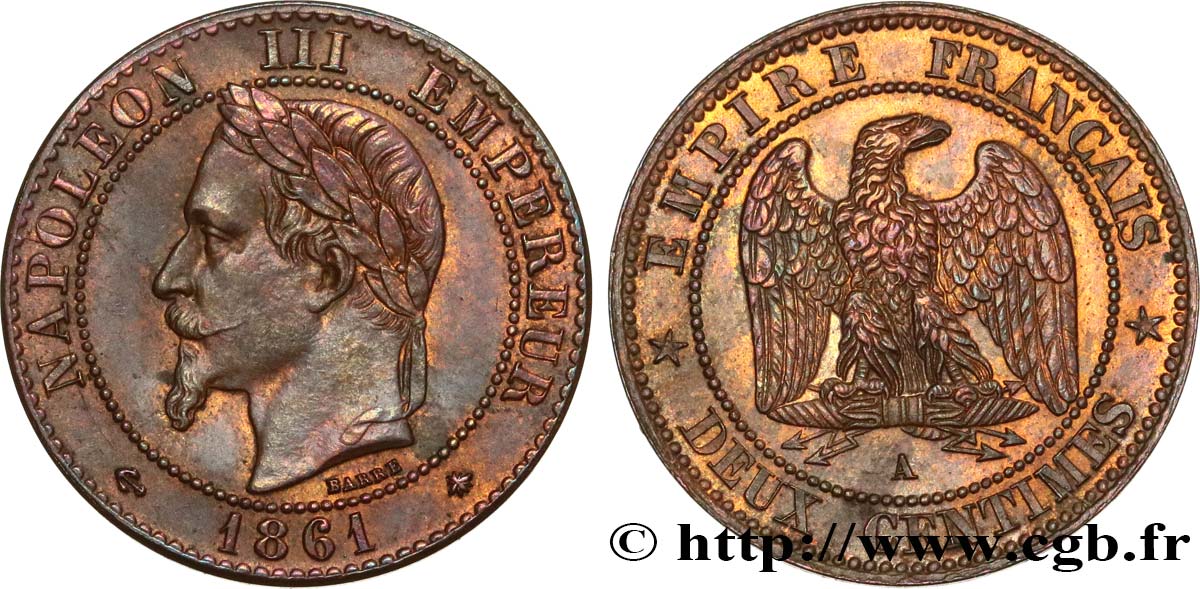 Deux centimes Napoléon III, tête laurée 1861 Paris F.108/1 SS52 