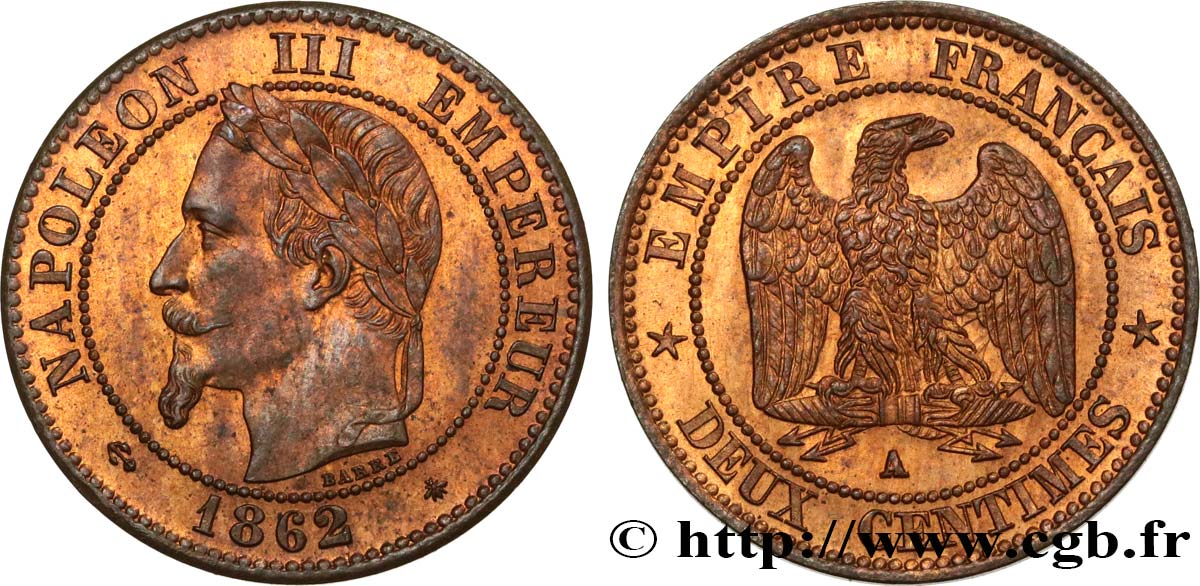 Deux centimes Napoléon III, tête laurée, buste provisoire 1861 Paris F.108/1 SUP55 