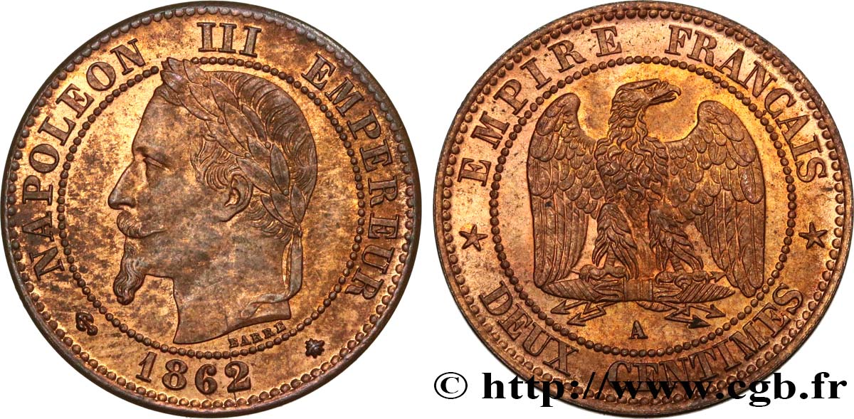 Deux centimes Napoléon III, tête laurée, buste définitif 1862 Paris F.108A/4 SPL60 