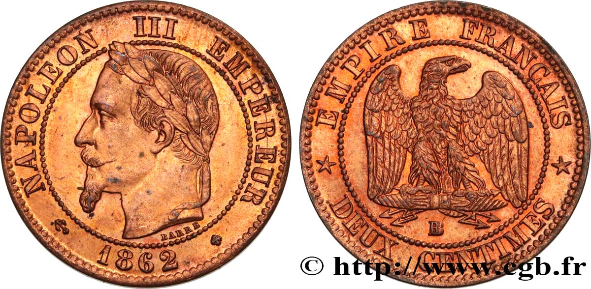 Deux centimes Napoléon III, tête laurée 1862 Strasbourg F.108A/6 SUP60 