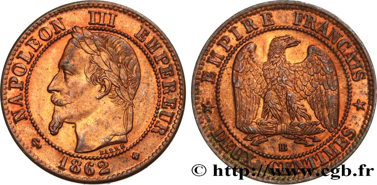 Deux centimes Napoléon III, tête laurée 1862 Strasbourg F.108A/5 EBC60 